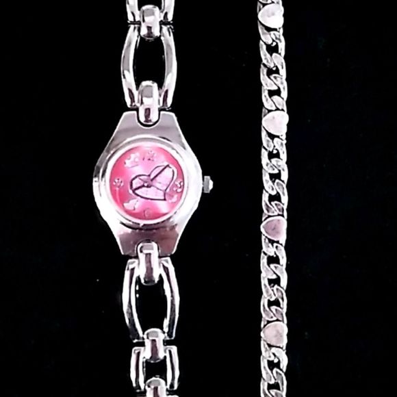 Silver/pink Heart Watch/ Heart Bracelet Bundle - Picture 1 of 8